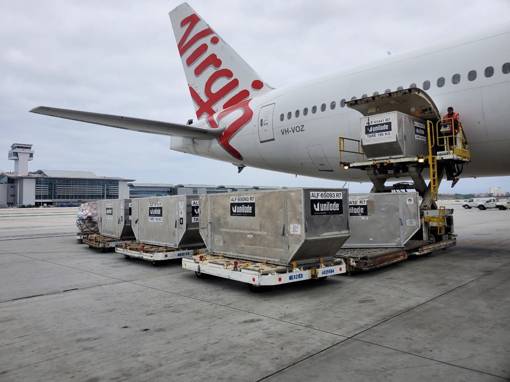 Cargo being unloaded from Virgin Australia plane