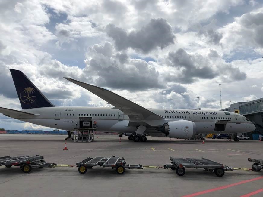 Saudi Airlines flight on the tarmac at Arlanda