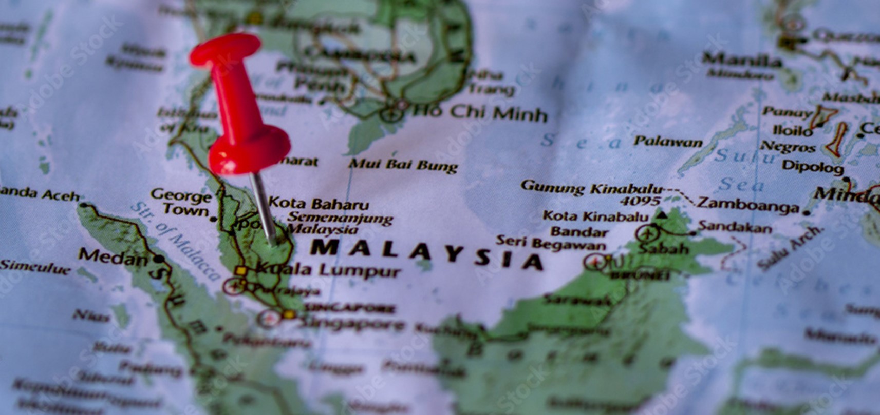 Map with pin stuck in Malaysia