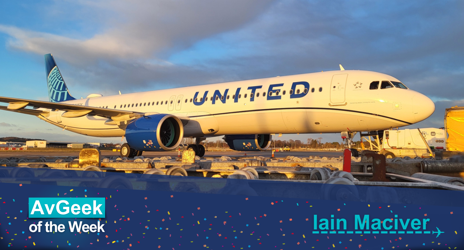 Iain's submission features a brand-new Airbus A321 in the United Airlines white and blue livery. It is out on the ramp covered in the orange glow of the setting winter sun.