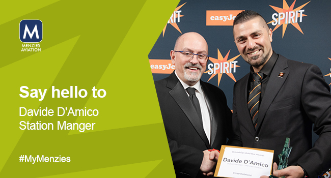 Am image of a man receiving an award. The text reads say hello to Davide D'Amico, Station Manager