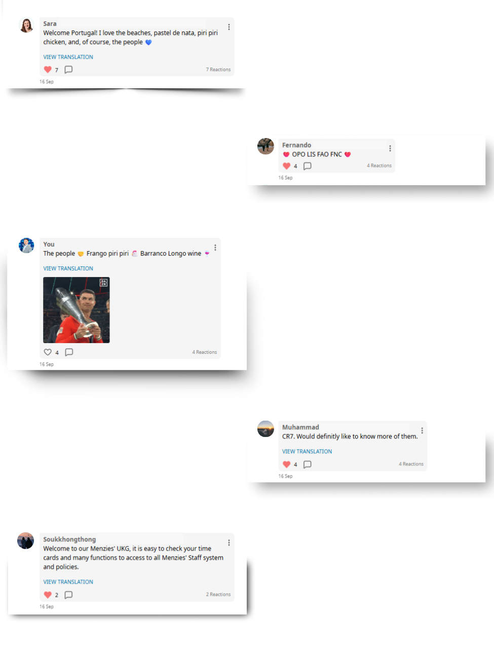 A selection of welcoming comments from colleagues on UKG Pro. Some list their favourite things about Portugal, whilst others share information about what to expect on UKG Pro.