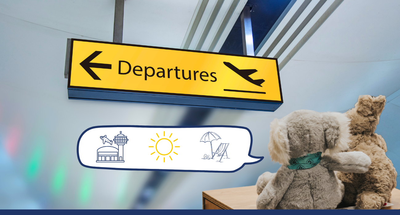 Koala and Kangaroo stare at an airport departures sign.
